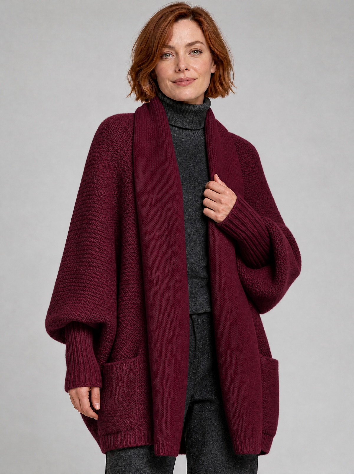 Women's Chunky Rib Open Front Pockets Relaxed Cardigan - Burgundy colour view