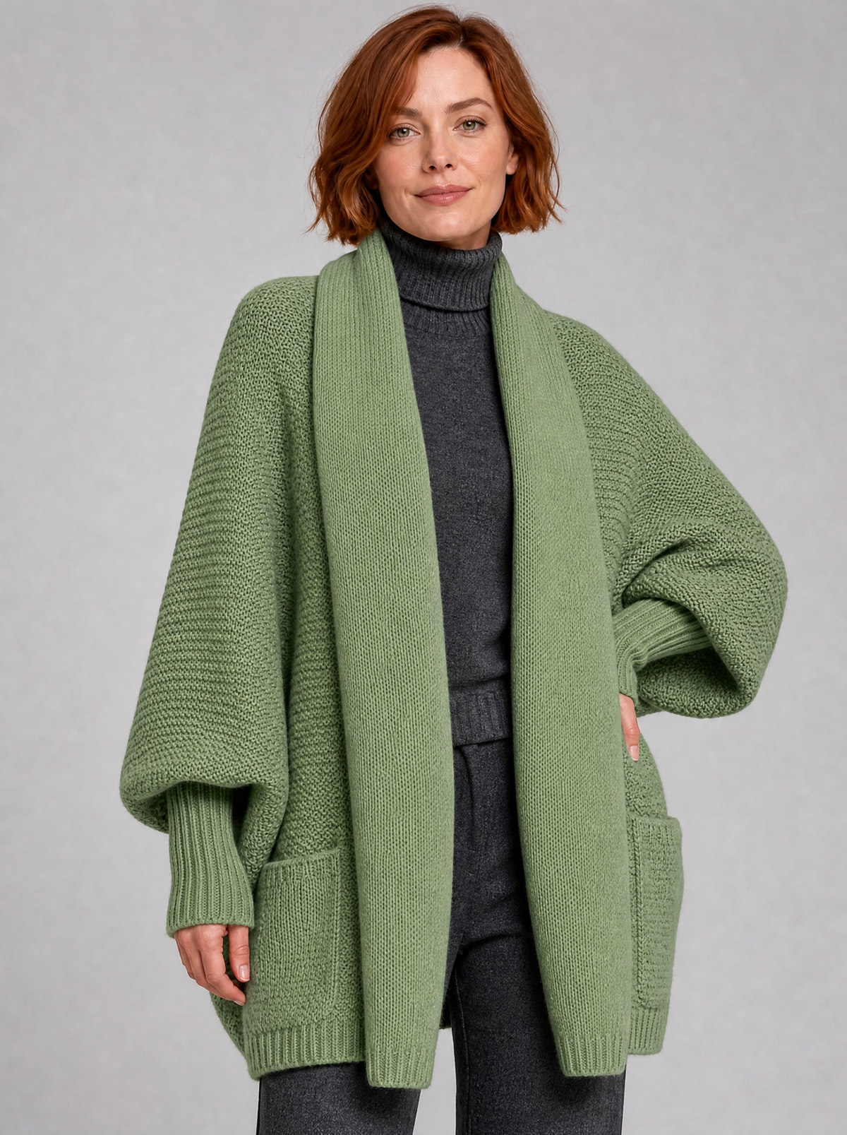 Women's Chunky Rib Open Front Pockets Relaxed Cardigan - Green colour view