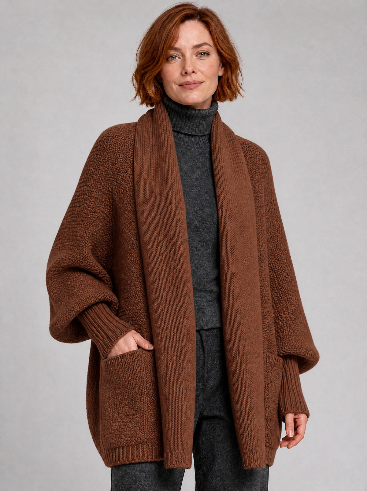 Women's Chunky Rib Open Front Pockets Relaxed Cardigan - Brown colour view