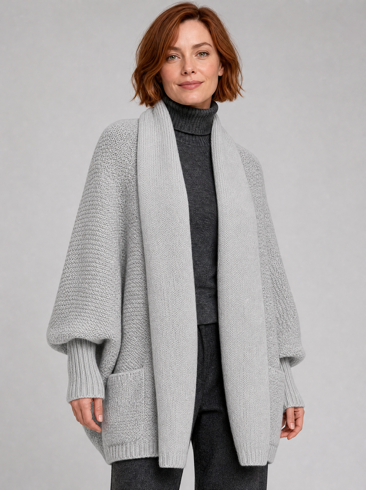 Women's Chunky Rib Open Front Pockets Relaxed Cardigan - Grey colour view