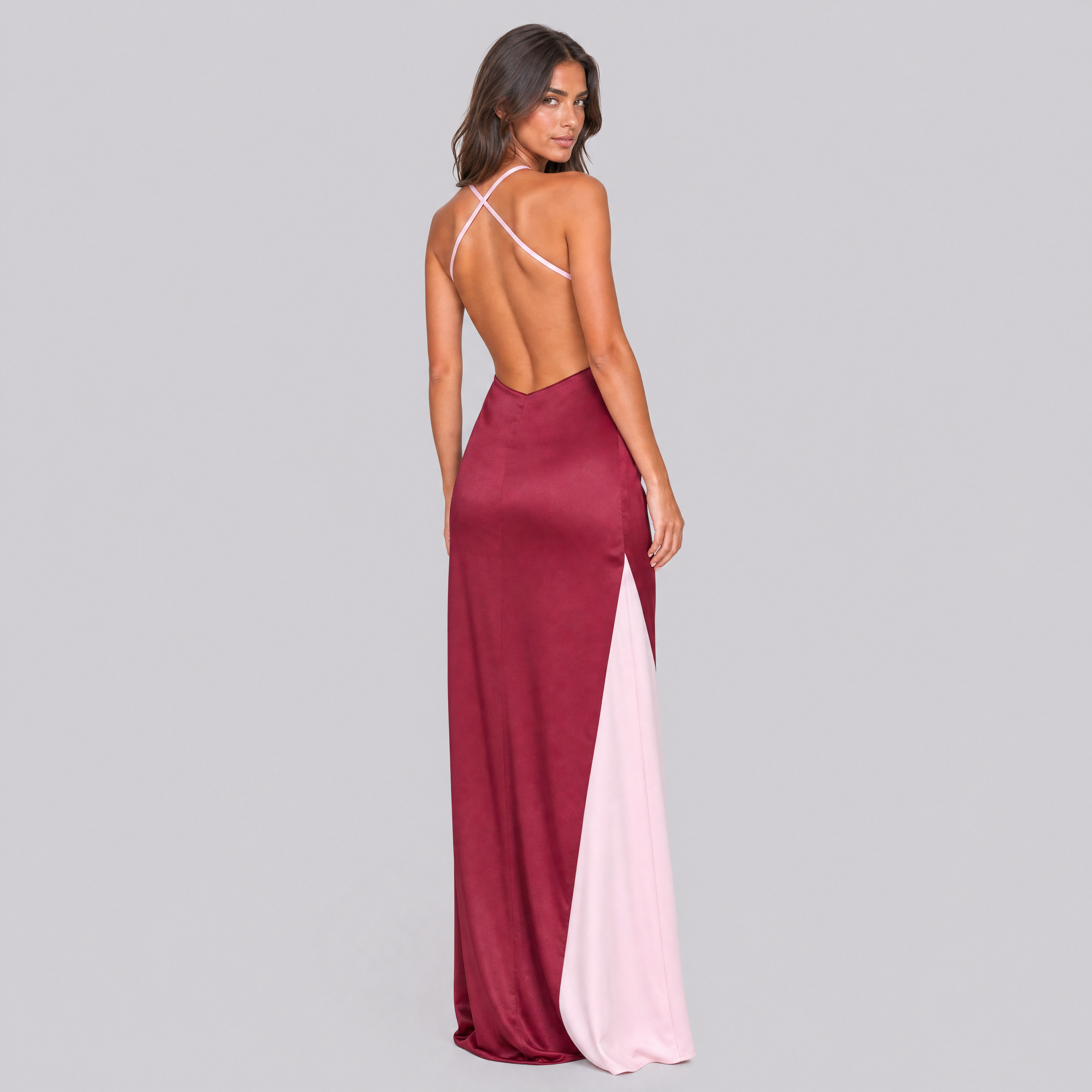 Women's Color Block Halter Maxi Dress – Satin Wedding Guest Gown