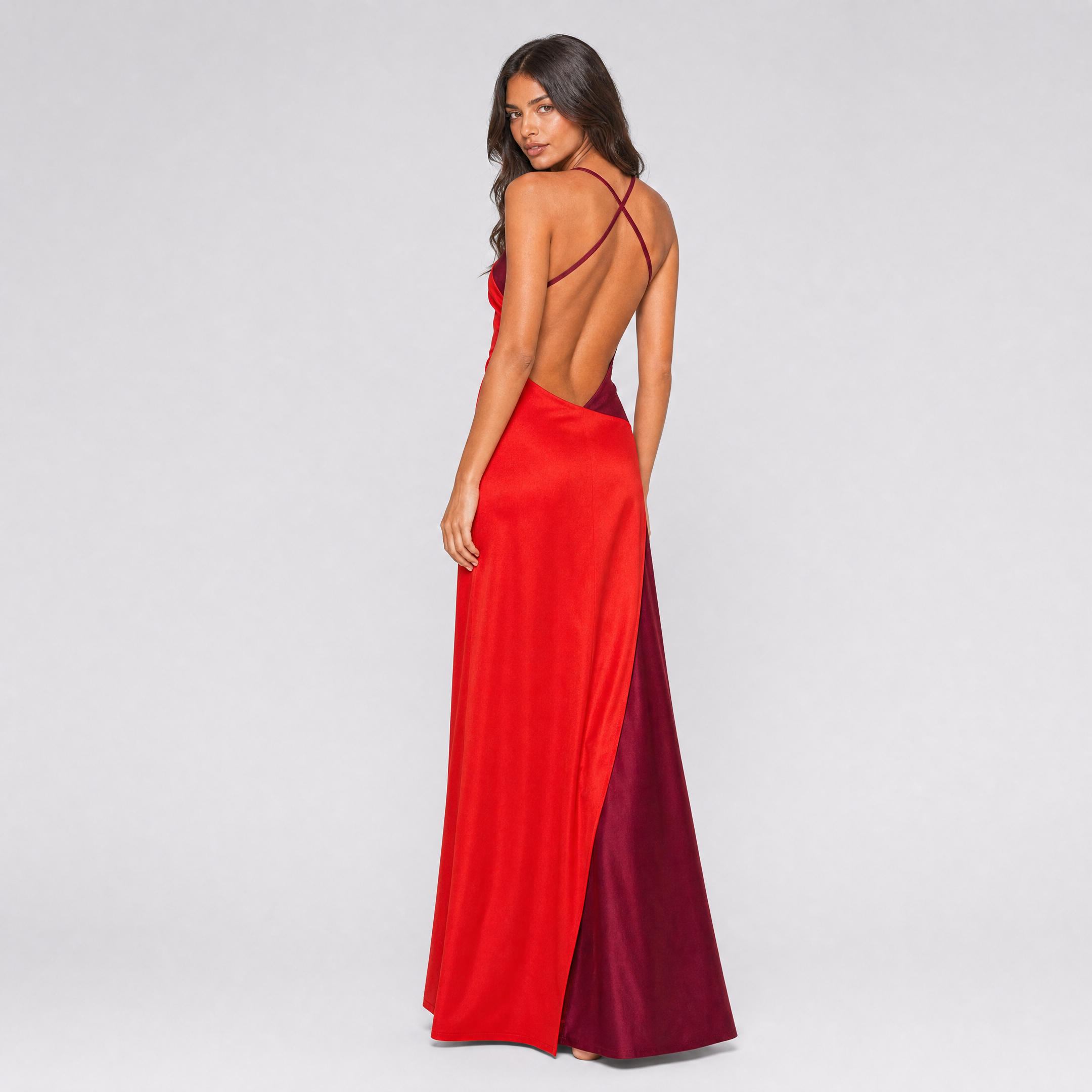 Women's Color Block Halter Maxi Dress – Satin Wedding Guest Gown