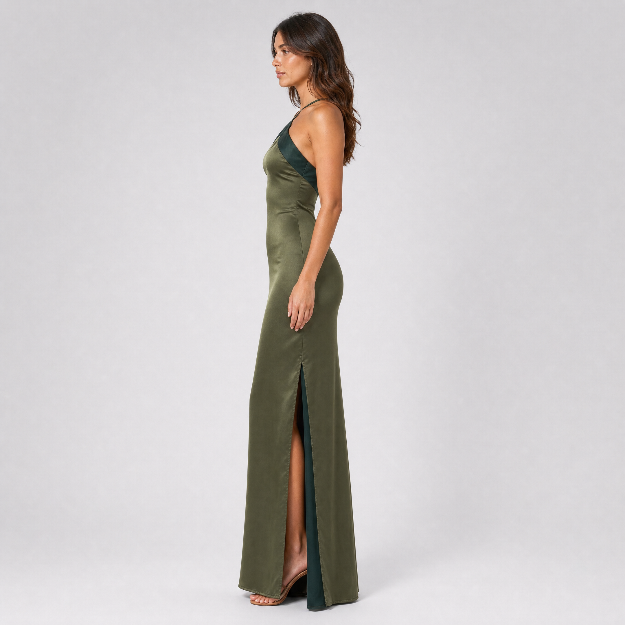 Women's Color Block Halter Maxi Dress – Satin Wedding Guest Gown