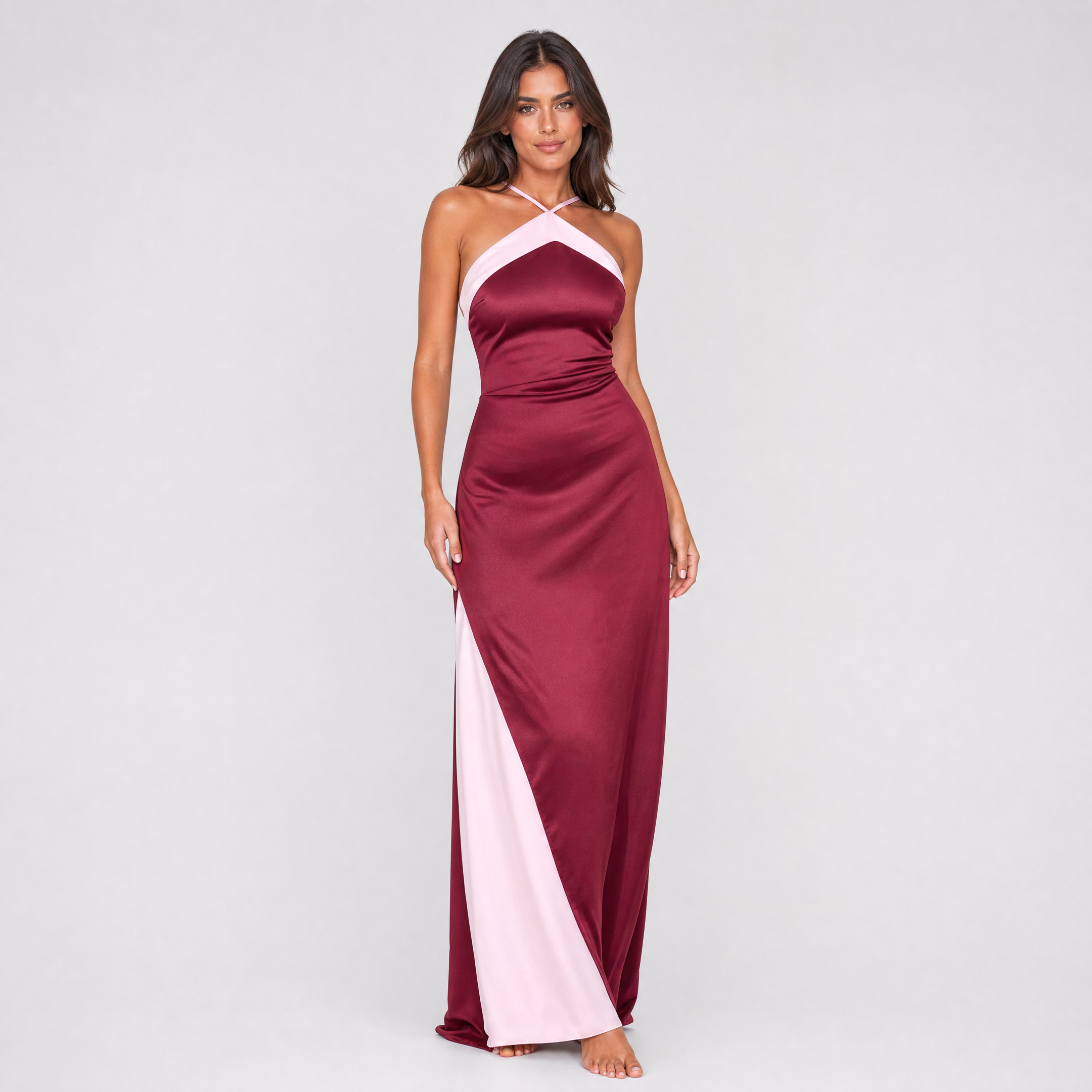 Women's Color Block Halter Maxi Dress – Satin Wedding Guest Gown