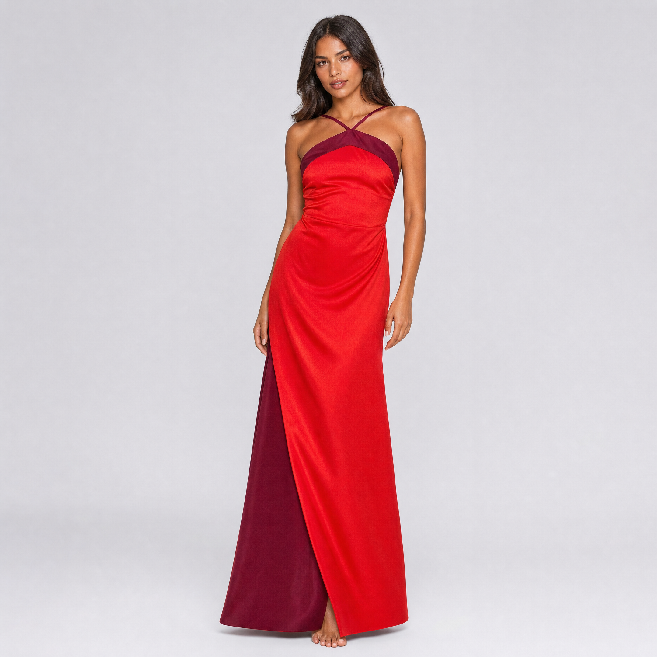 Women's Color Block Halter Maxi Dress – Satin Wedding Guest Gown