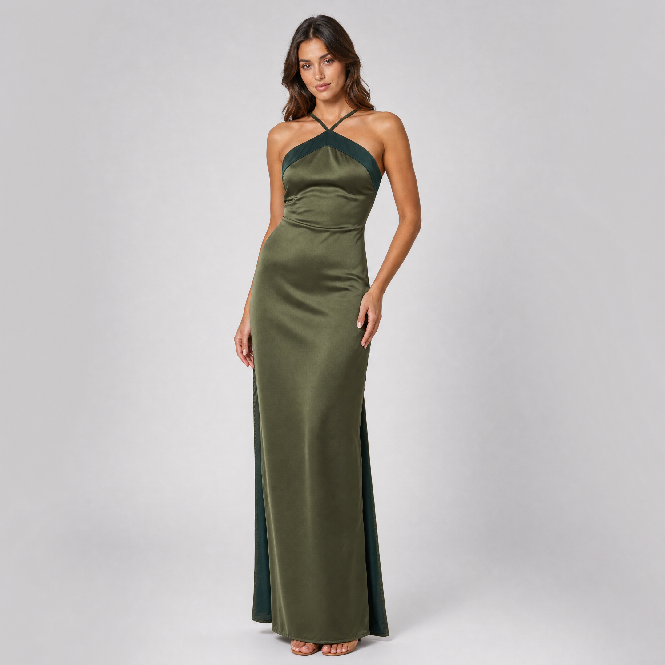 Women's Color Block Halter Maxi Dress – Satin Wedding Guest Gown