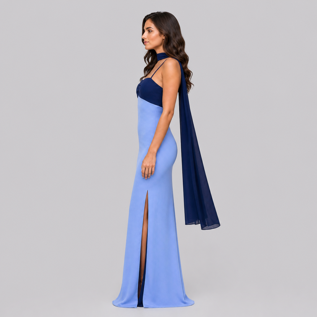 Women's Color Block Satin Maxi Dress – Formal Wedding Guest Gown