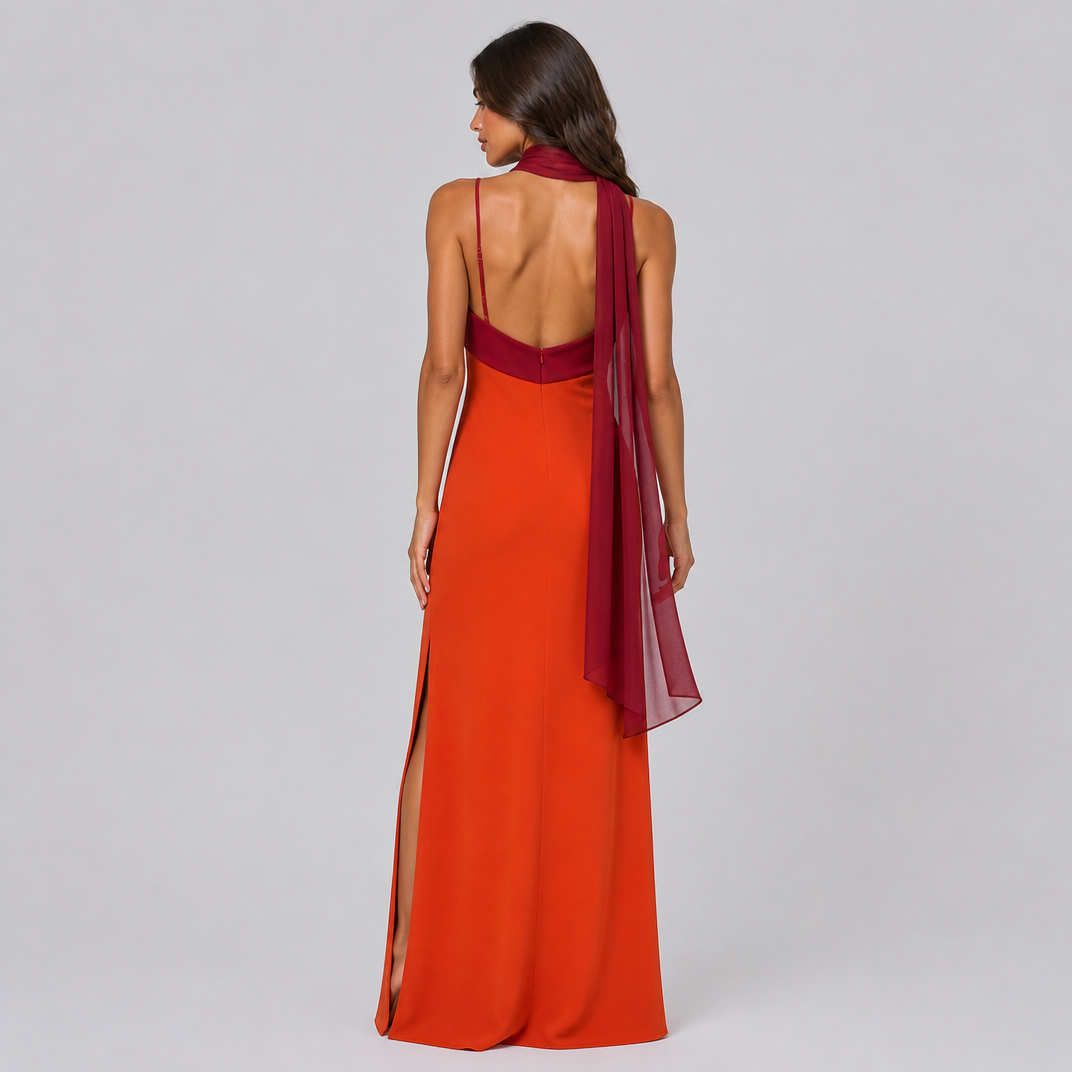 Women's Color Block Satin Maxi Dress – Formal Wedding Guest Gown
