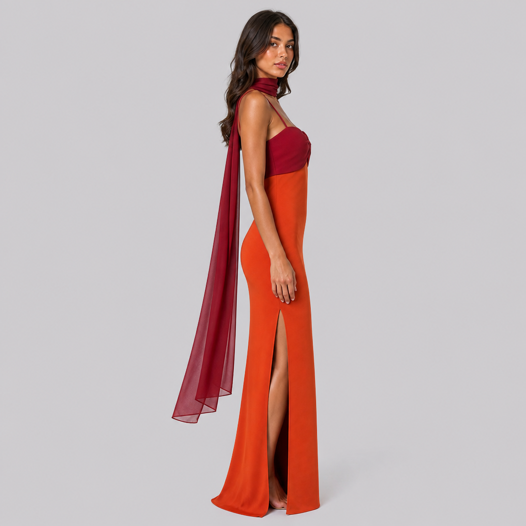 Women's Color Block Satin Maxi Dress – Formal Wedding Guest Gown