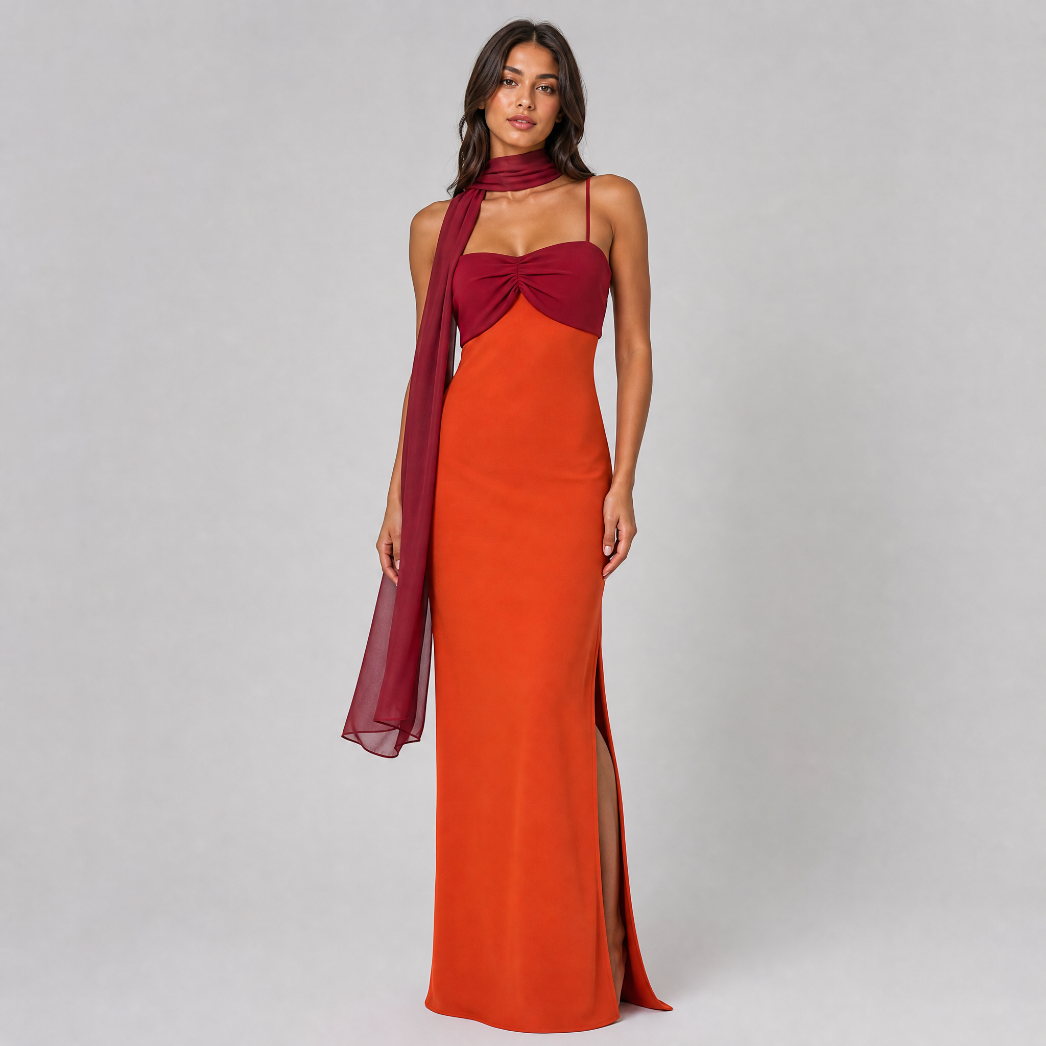 Women's Color Block Satin Maxi Dress – Formal Wedding Guest Gown