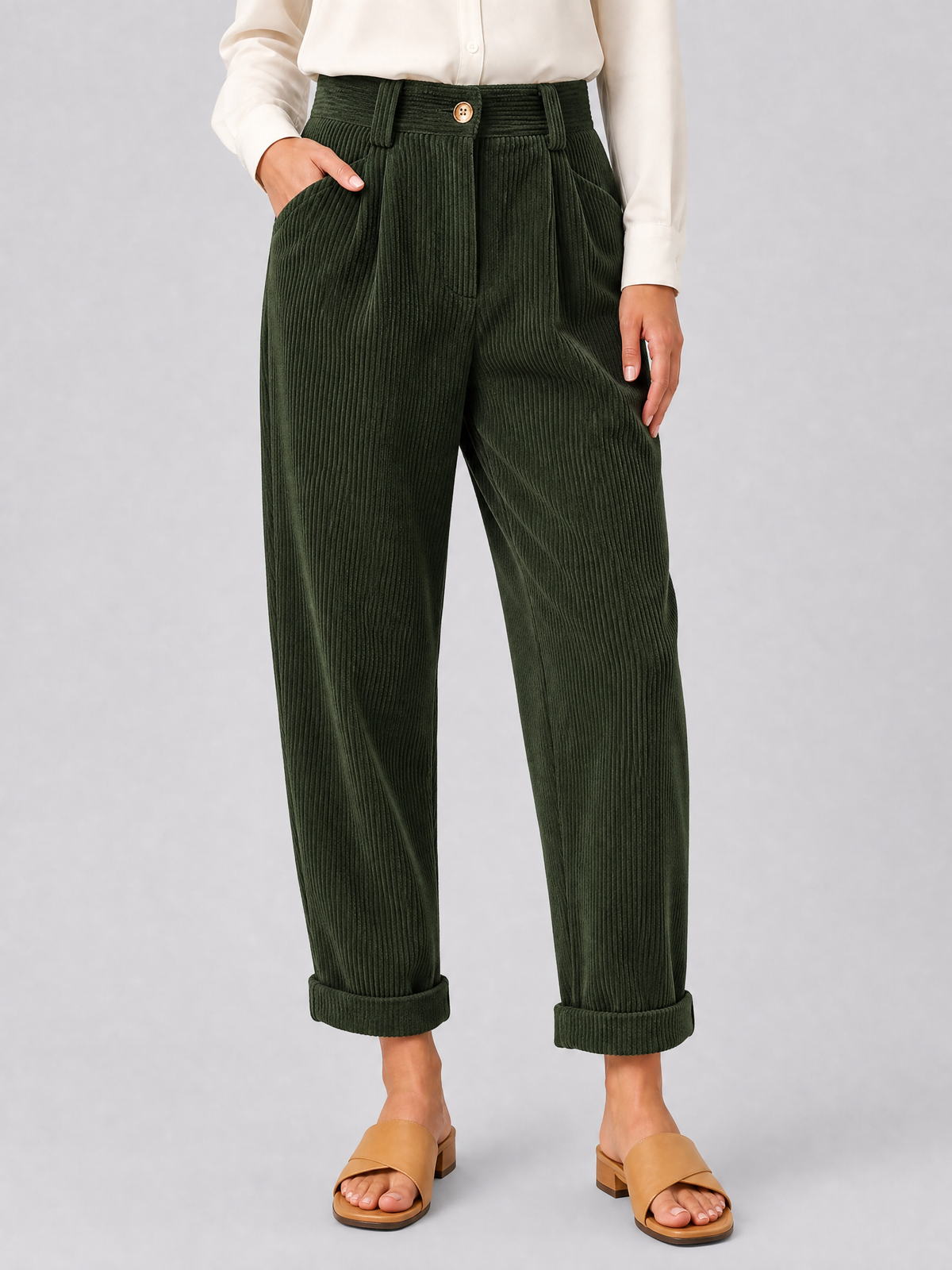 Women's Corduroy High-Waisted Pleated Tapered Trousers