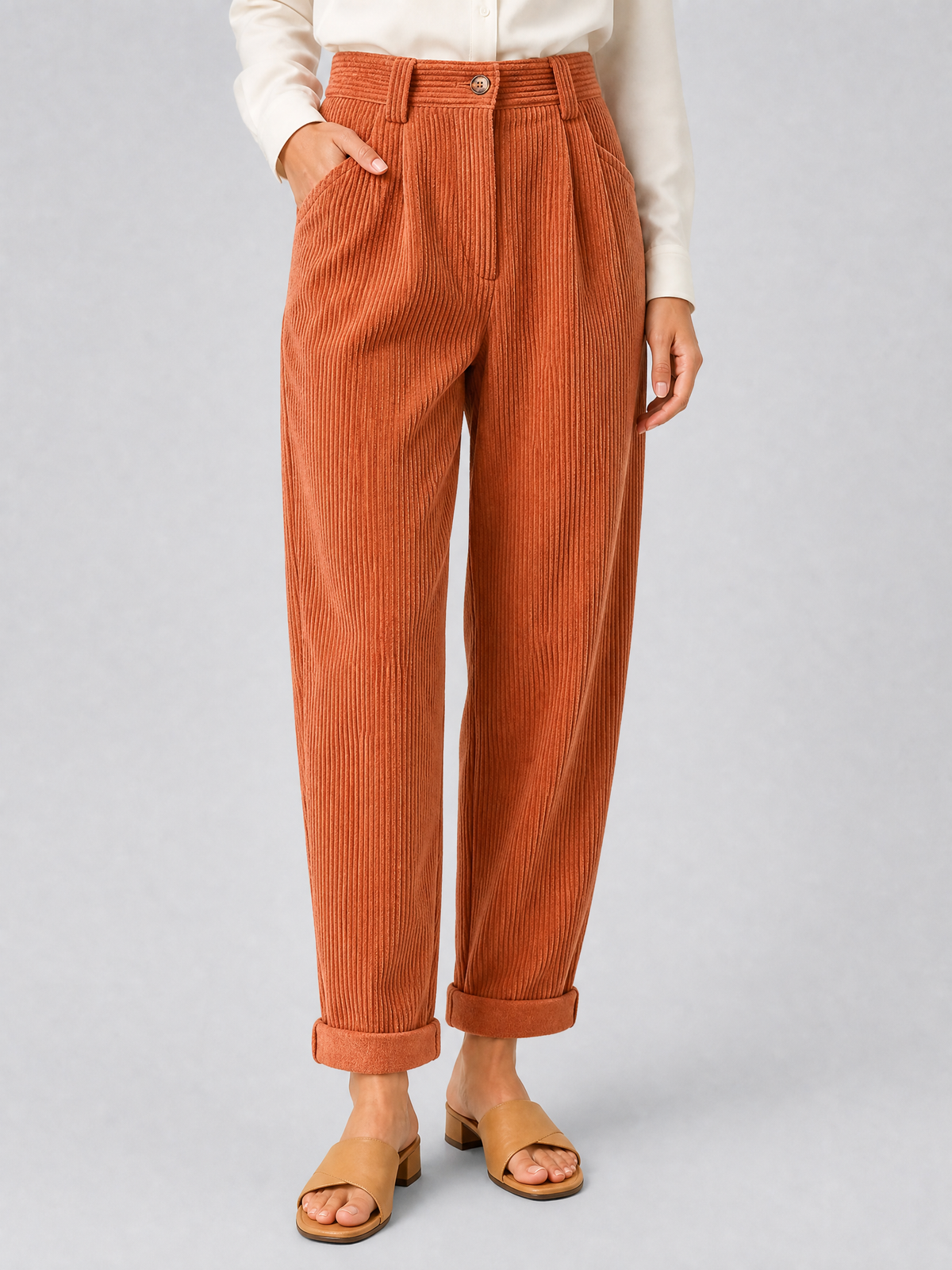 Women's Corduroy High-Waisted Pleated Tapered Trousers