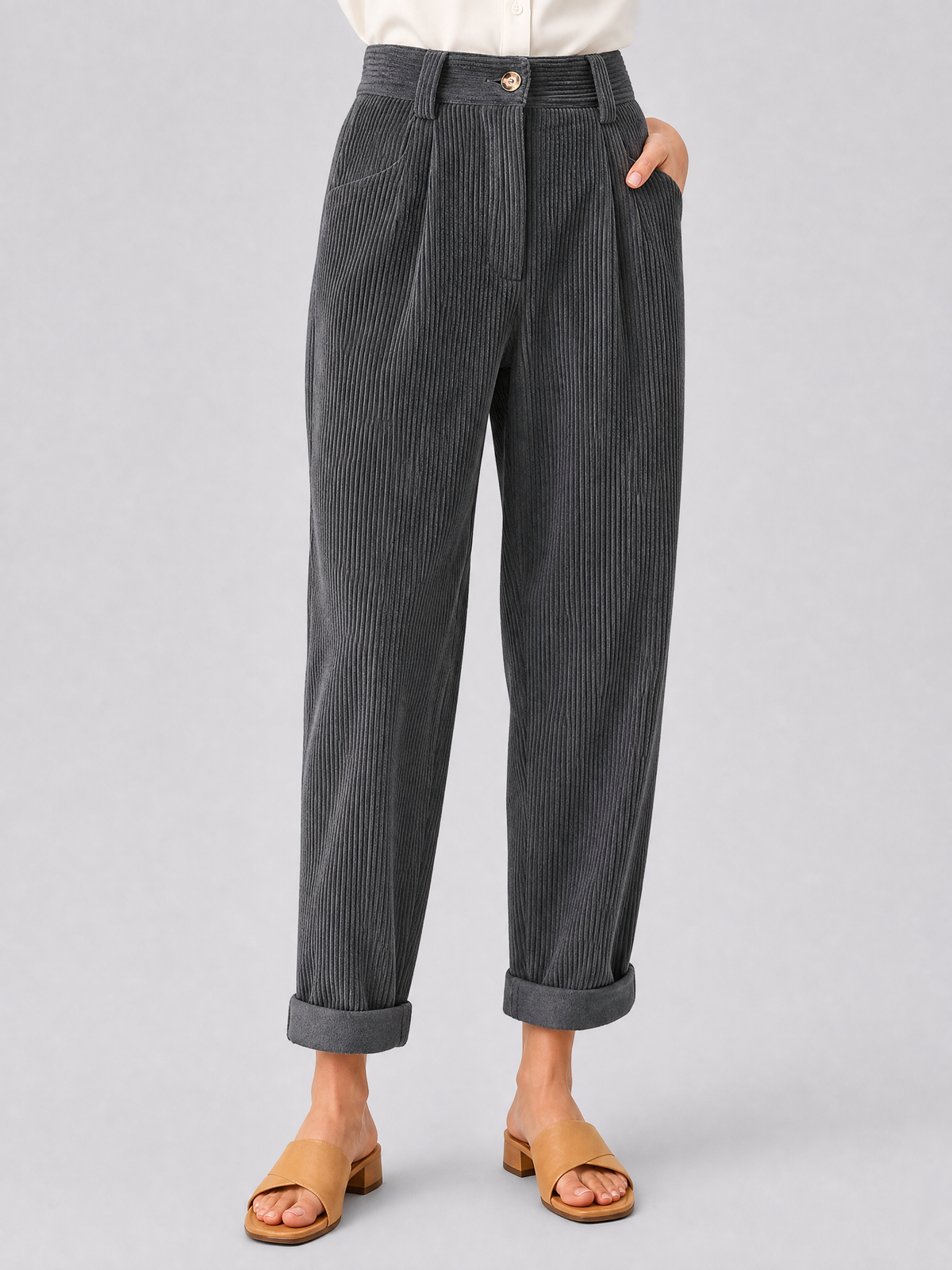 Women's Corduroy High-Waisted Pleated Tapered Trousers
