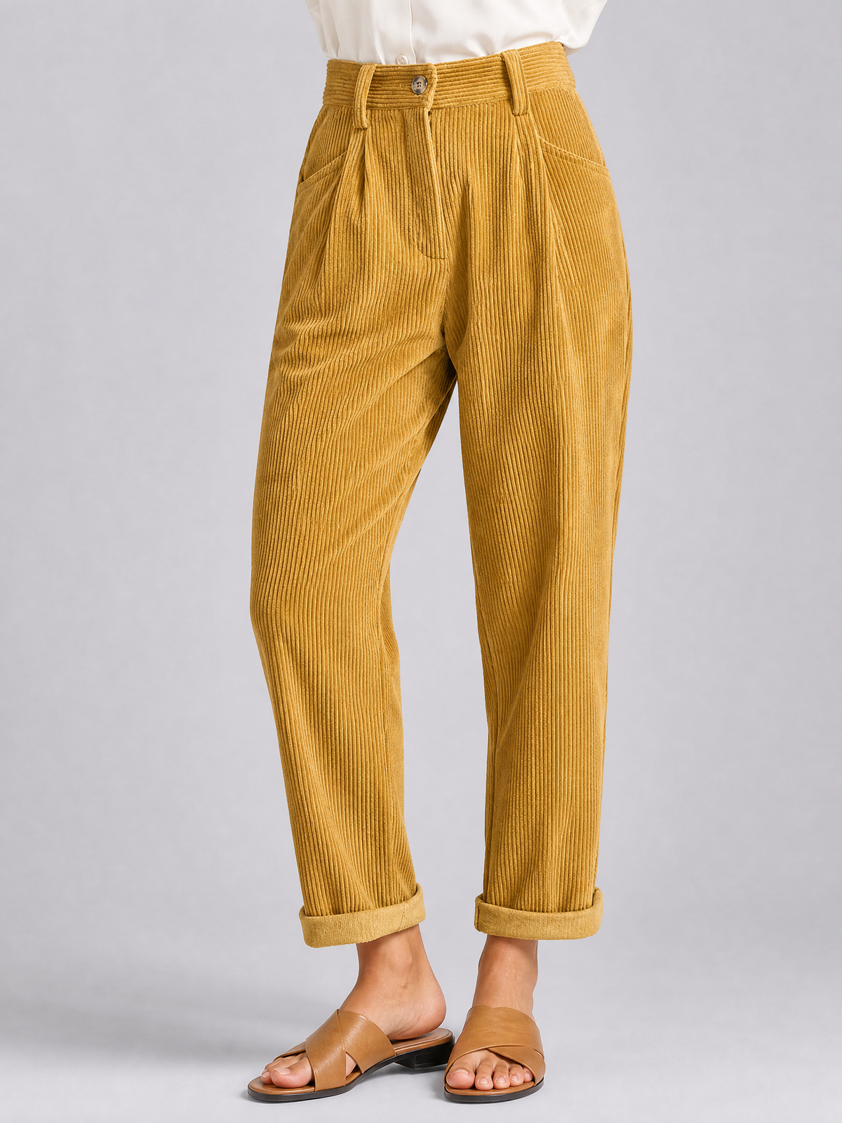 Women's Corduroy High-Waisted Pleated Tapered Trousers
