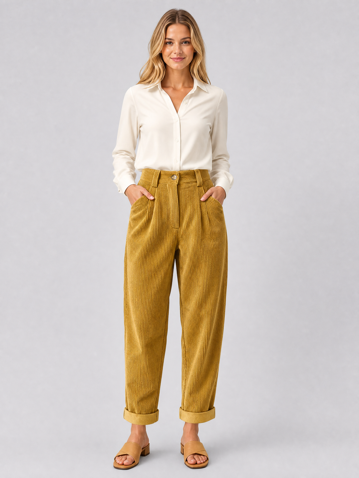 Women's Corduroy High-Waisted Pleated Tapered Trousers