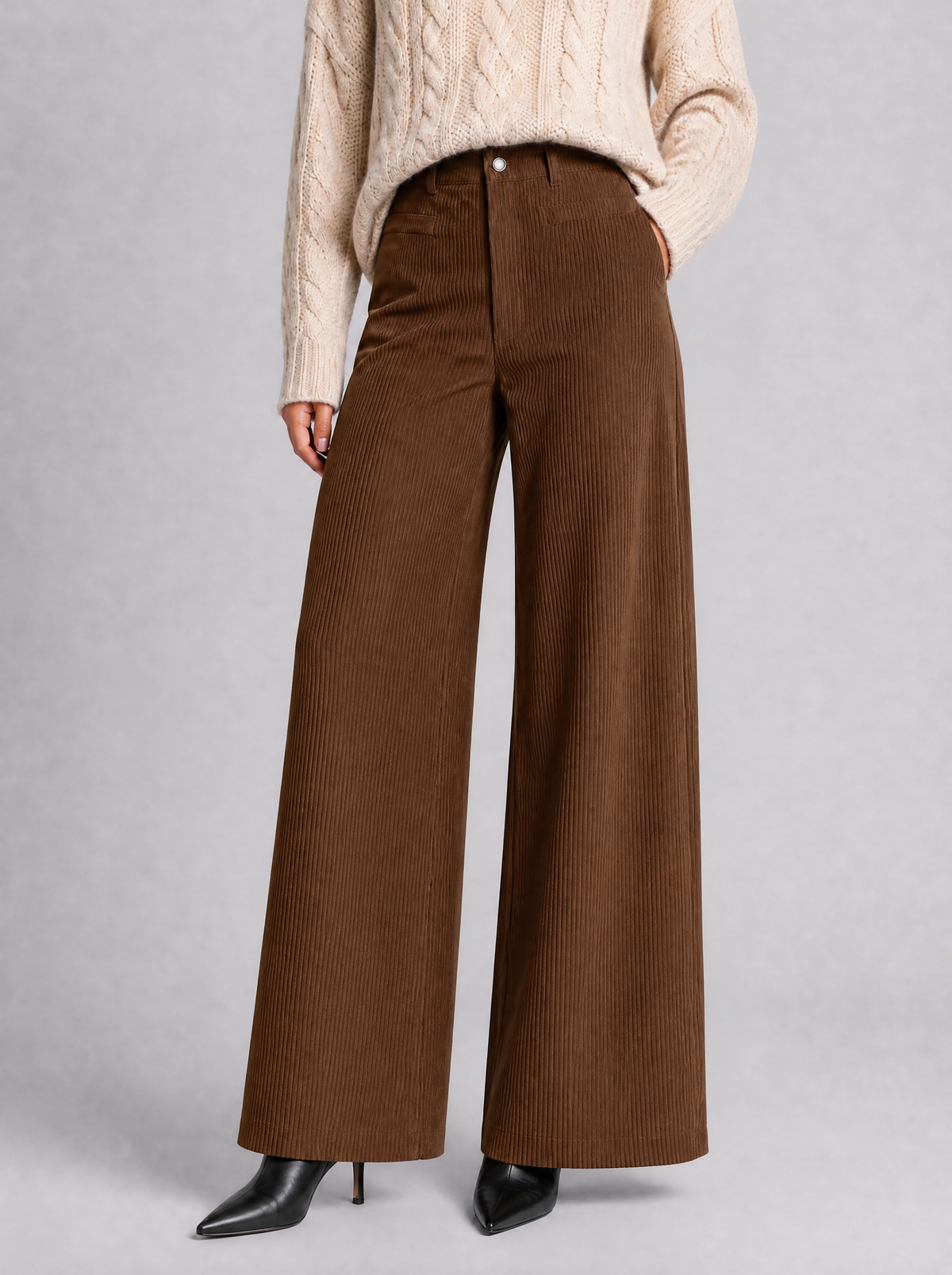Women's Corduroy High-Waisted Wide-Leg Tailored Trousers - Brown colour view
