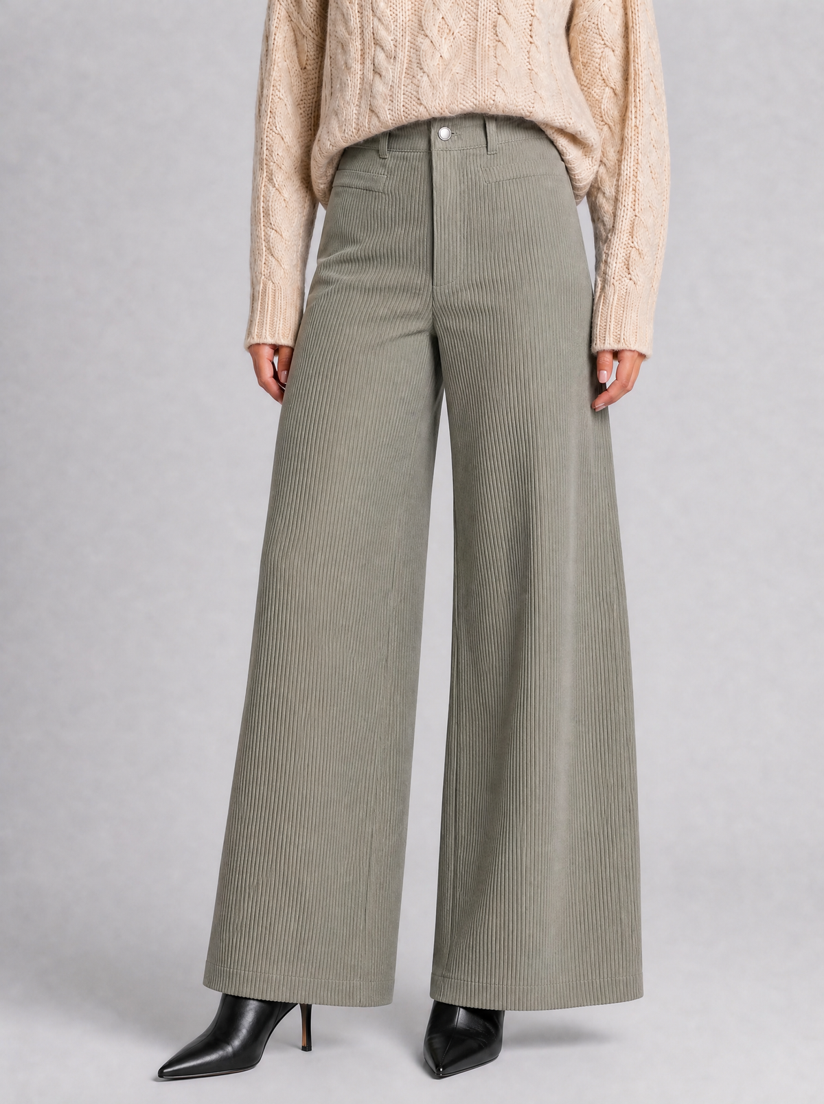Women's Corduroy High-Waisted Wide-Leg Tailored Trousers - Green colour view