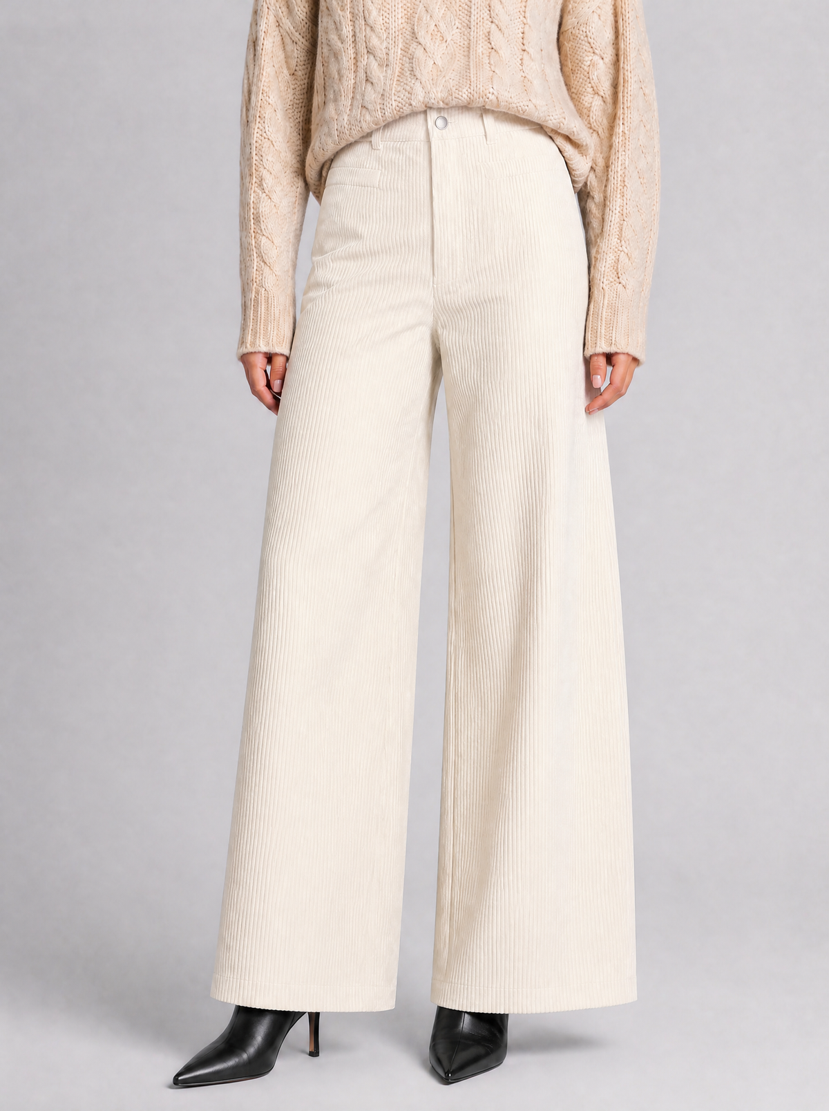 Women's Corduroy High-Waisted Wide-Leg Tailored Trousers - Cream colour view
