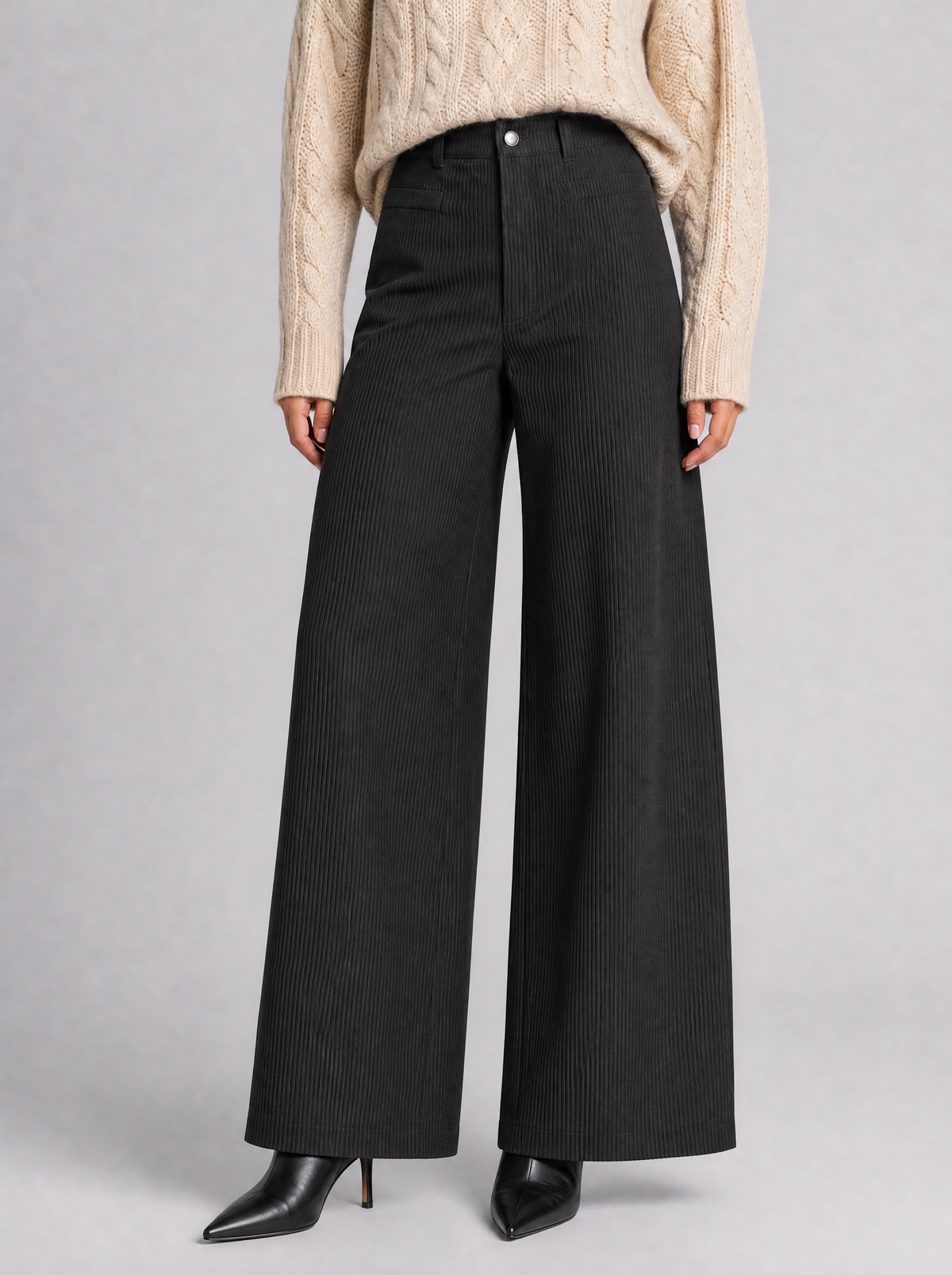 Women's Corduroy High-Waisted Wide-Leg Tailored Trousers - Black colour view