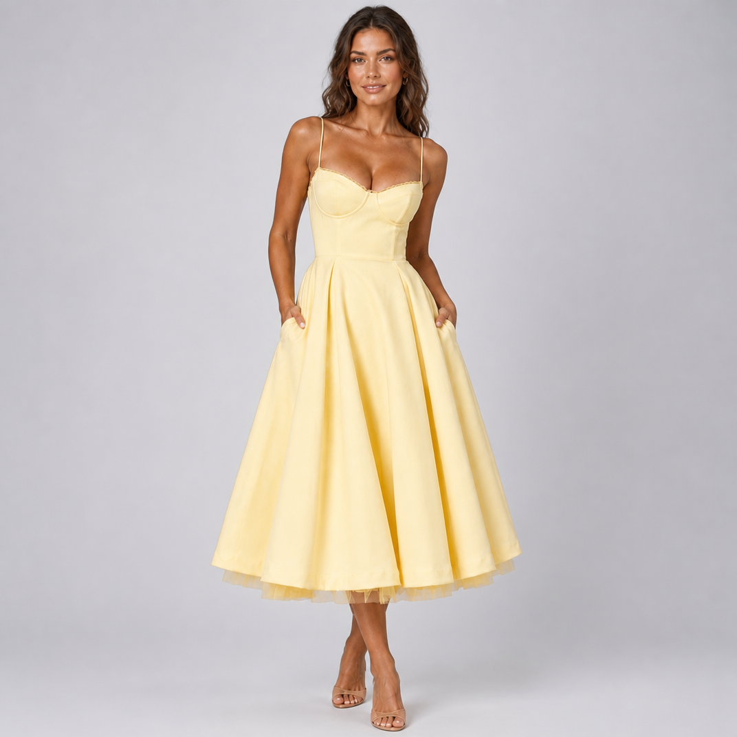 Women's Corset Midi Dress – Full Skirt Party Dress