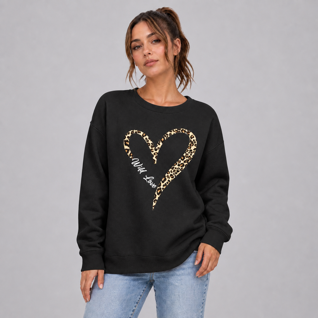 Women's Cotton Blend Animal Heart Relaxed Crew Neck Jumper