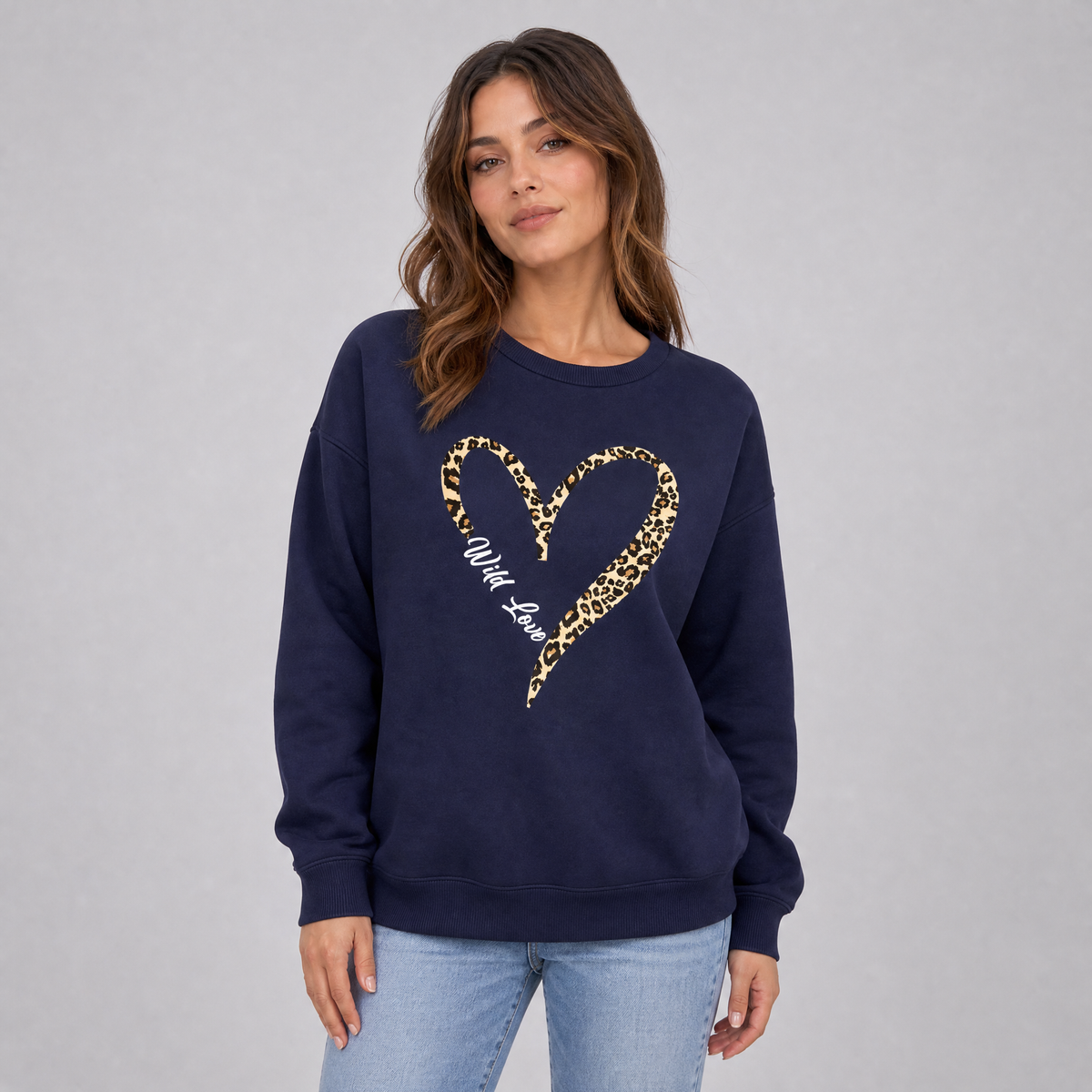 Women's Cotton Blend Animal Heart Relaxed Crew Neck Jumper