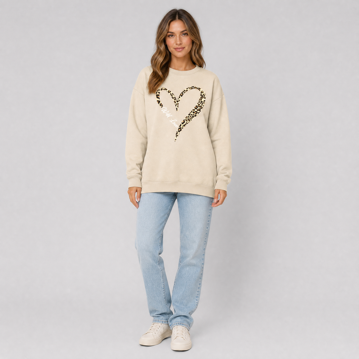 Women's Cotton Blend Animal Heart Relaxed Crew Neck Jumper