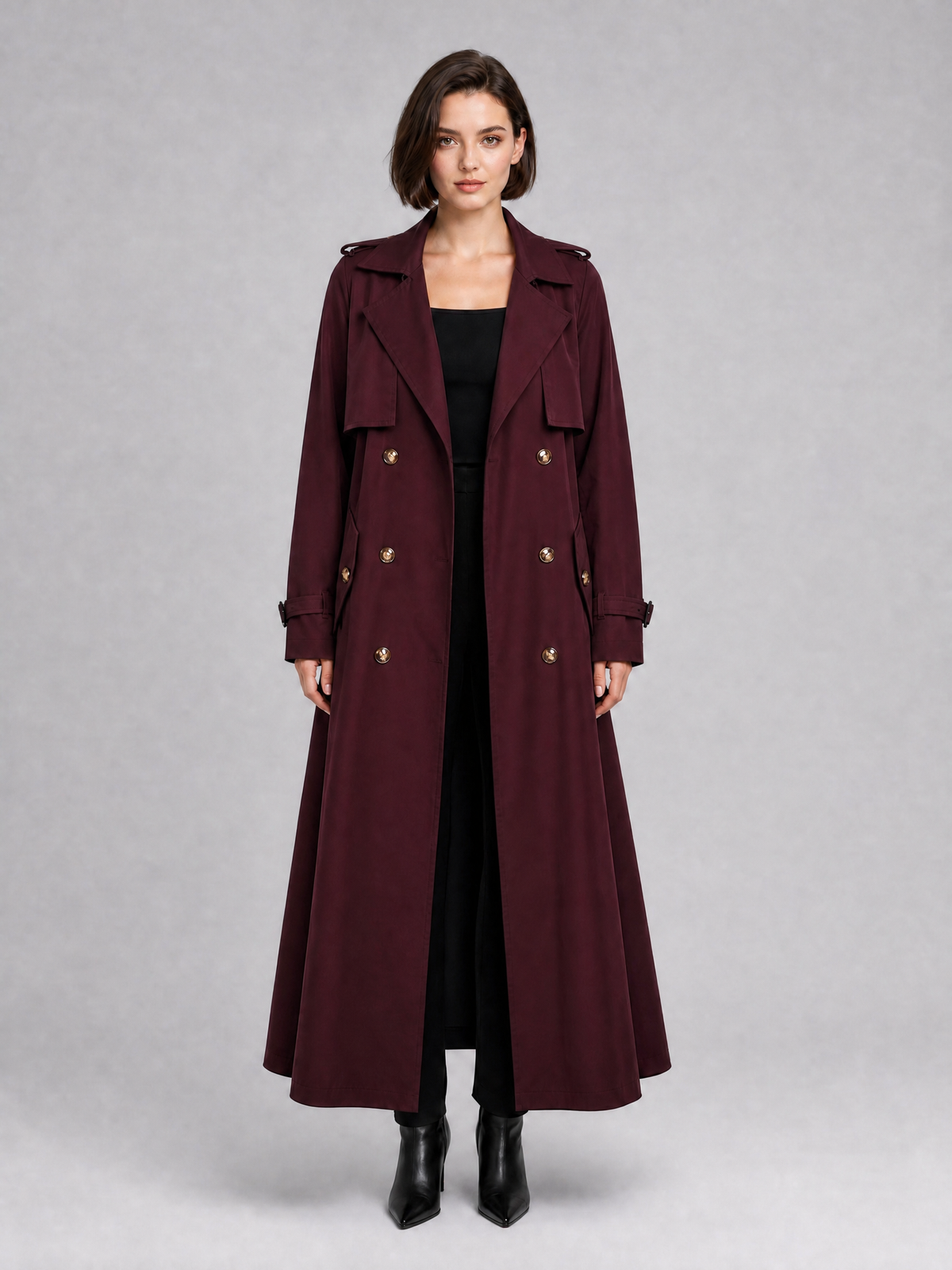 Women's Cotton Blend Black Double Breasted Maxi Trench Coat Tailored Fit