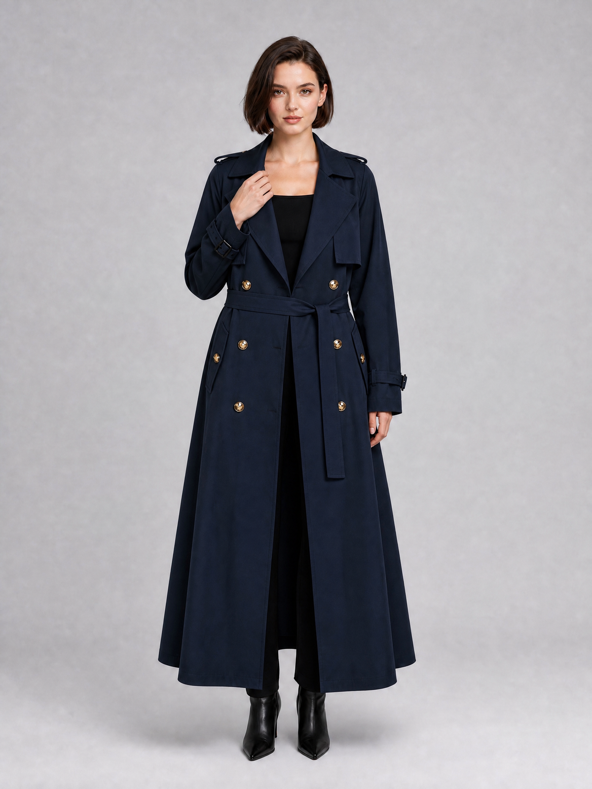 Women's Cotton Blend Black Double Breasted Maxi Trench Coat Tailored Fit