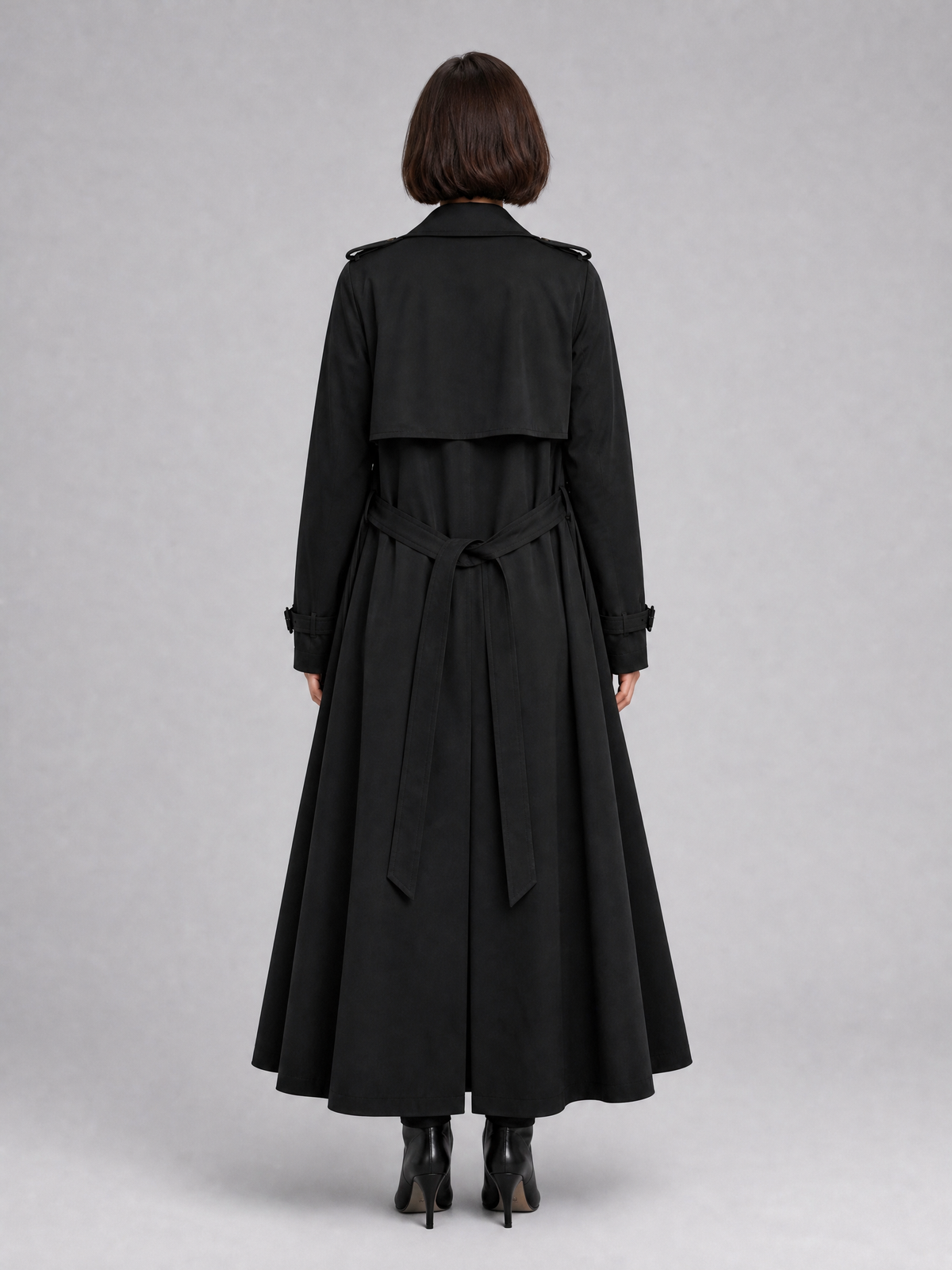 Women's Cotton Blend Black Double Breasted Maxi Trench Coat Tailored Fit