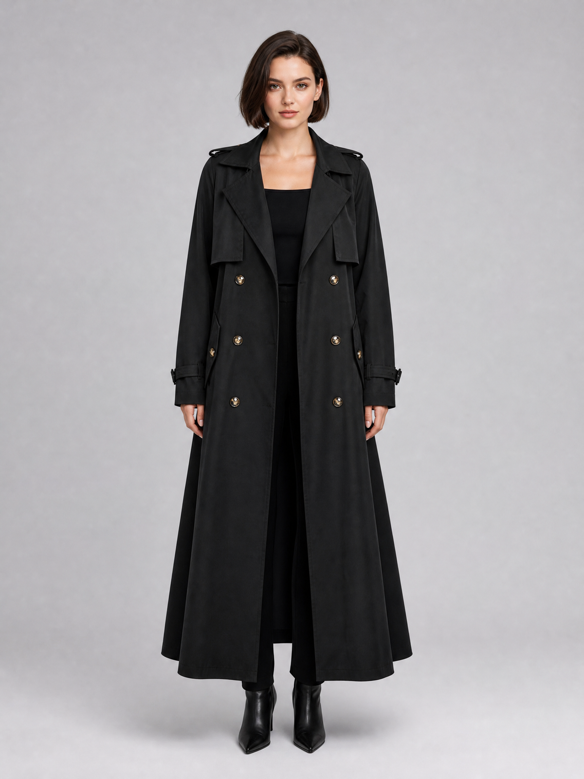 Women's Cotton Blend Black Double Breasted Maxi Trench Coat Tailored Fit