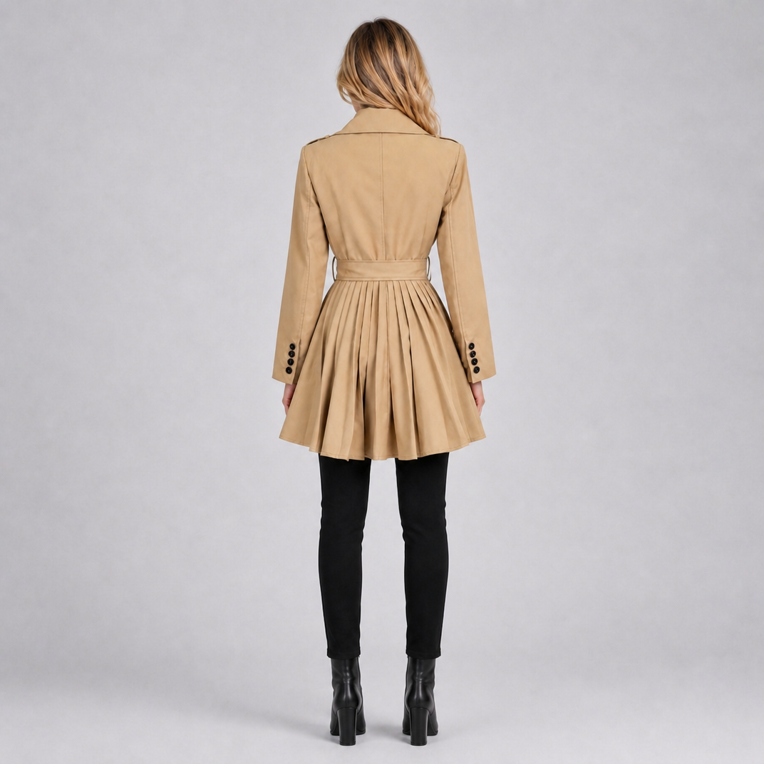 Women's Cotton Blend Double Breasted Pleated Trench Coat Tailored Fit