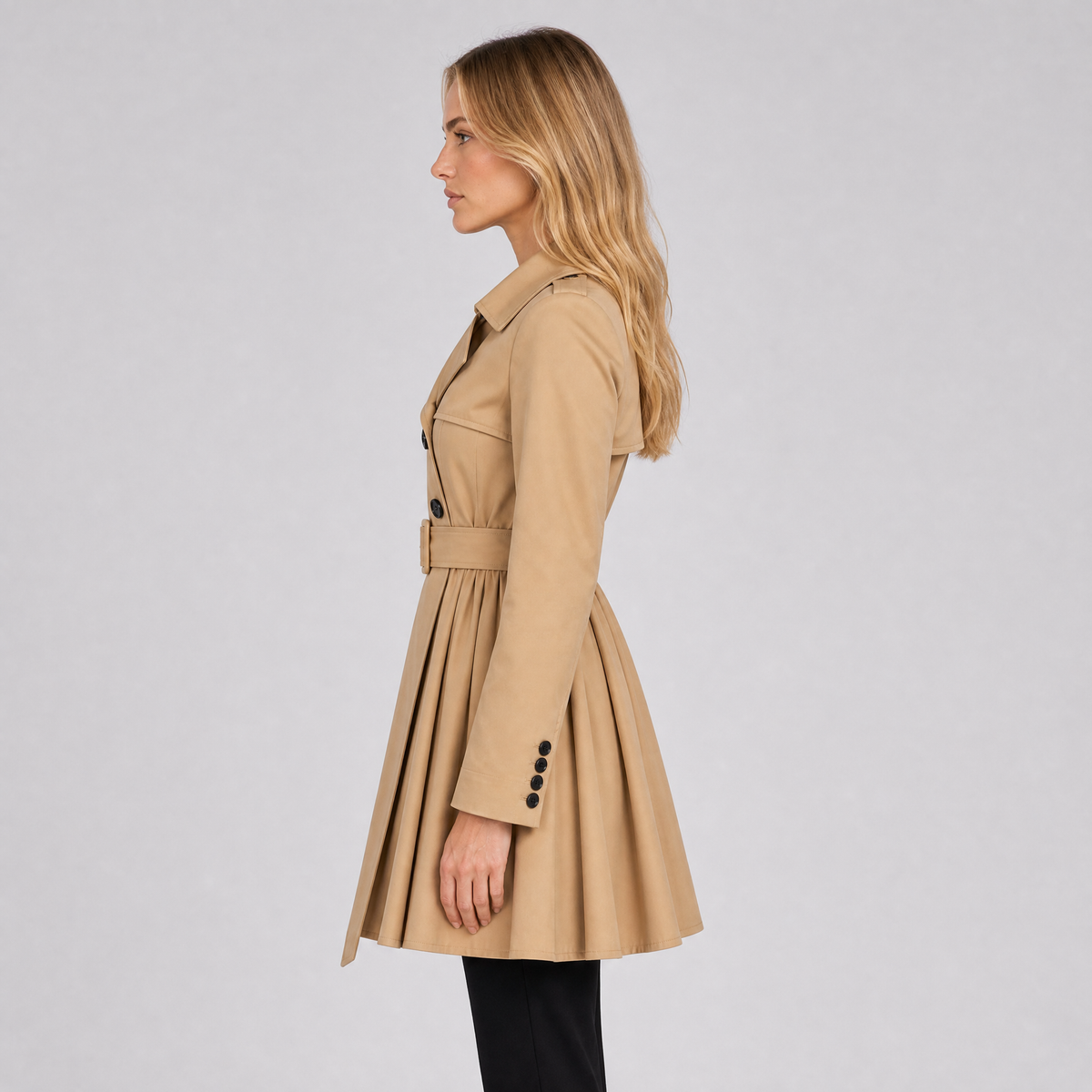 Women's Cotton Blend Double Breasted Pleated Trench Coat Tailored Fit