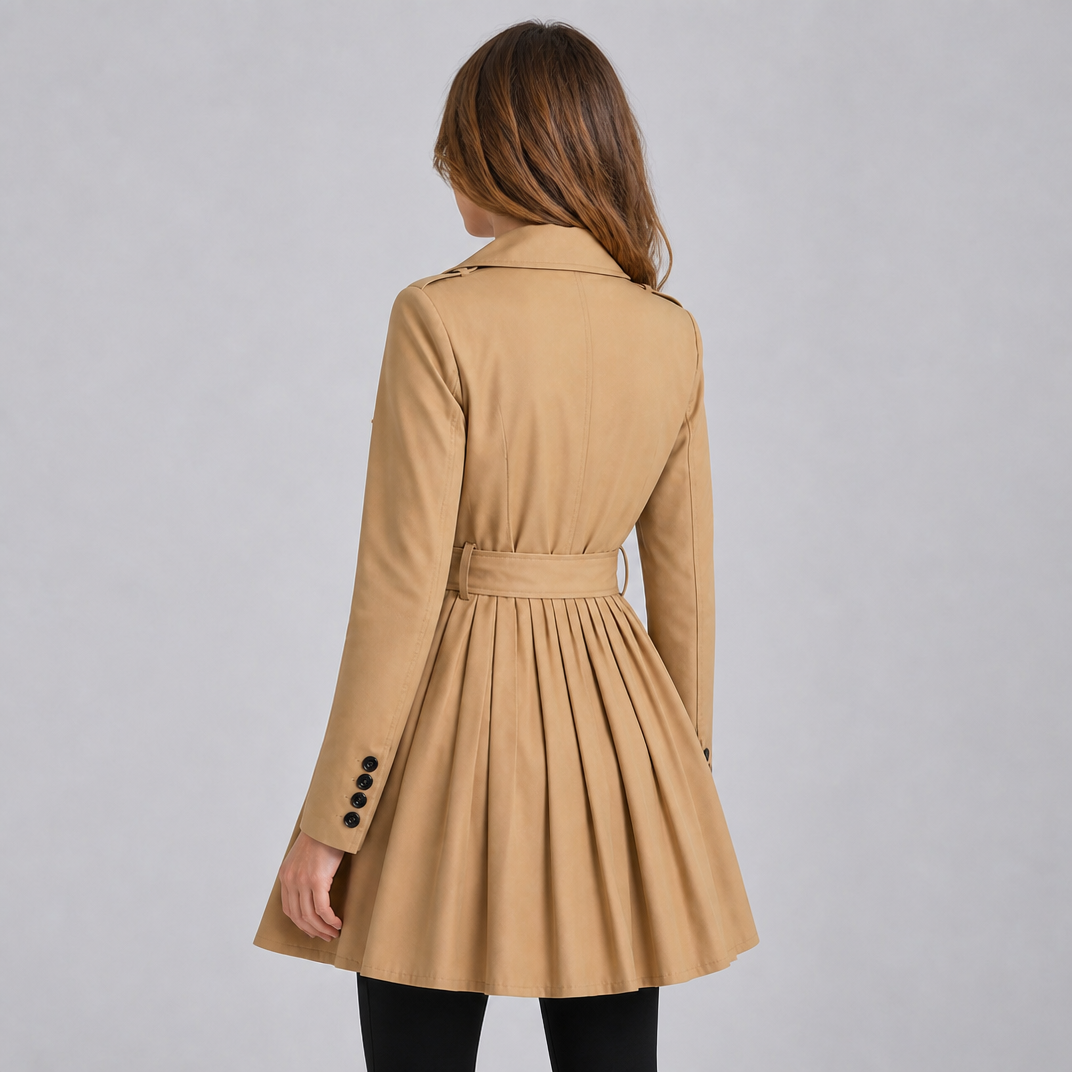 Women's Cotton Blend Double Breasted Pleated Trench Coat Tailored Fit