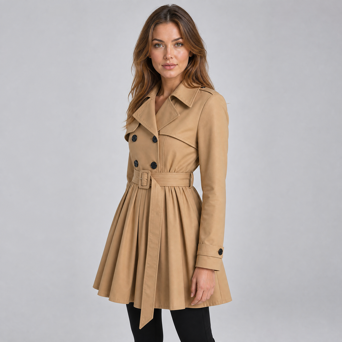 Women's Cotton Blend Double Breasted Pleated Trench Coat Tailored Fit
