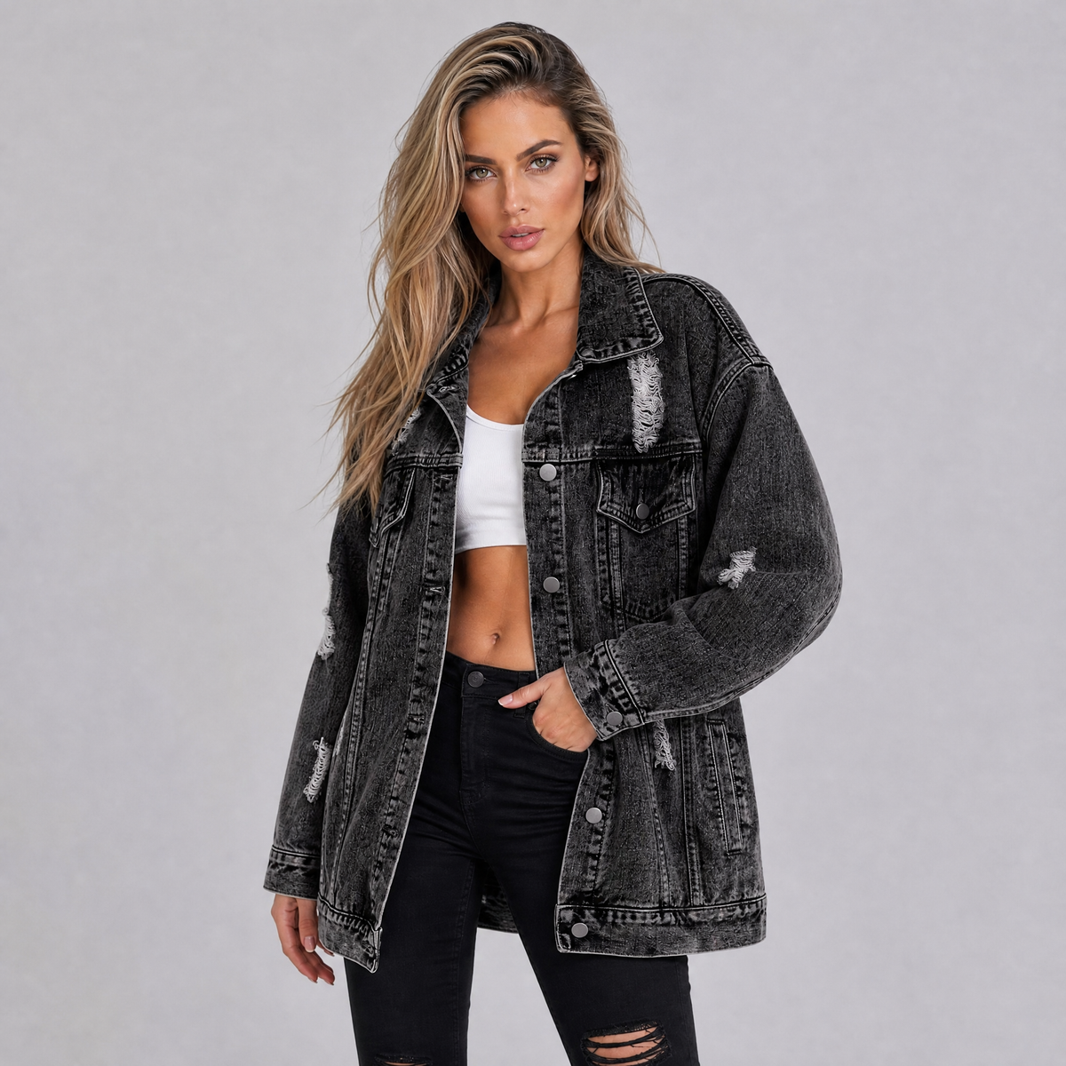 Women's Cotton Distressed Denim Jacket Oversized Fit