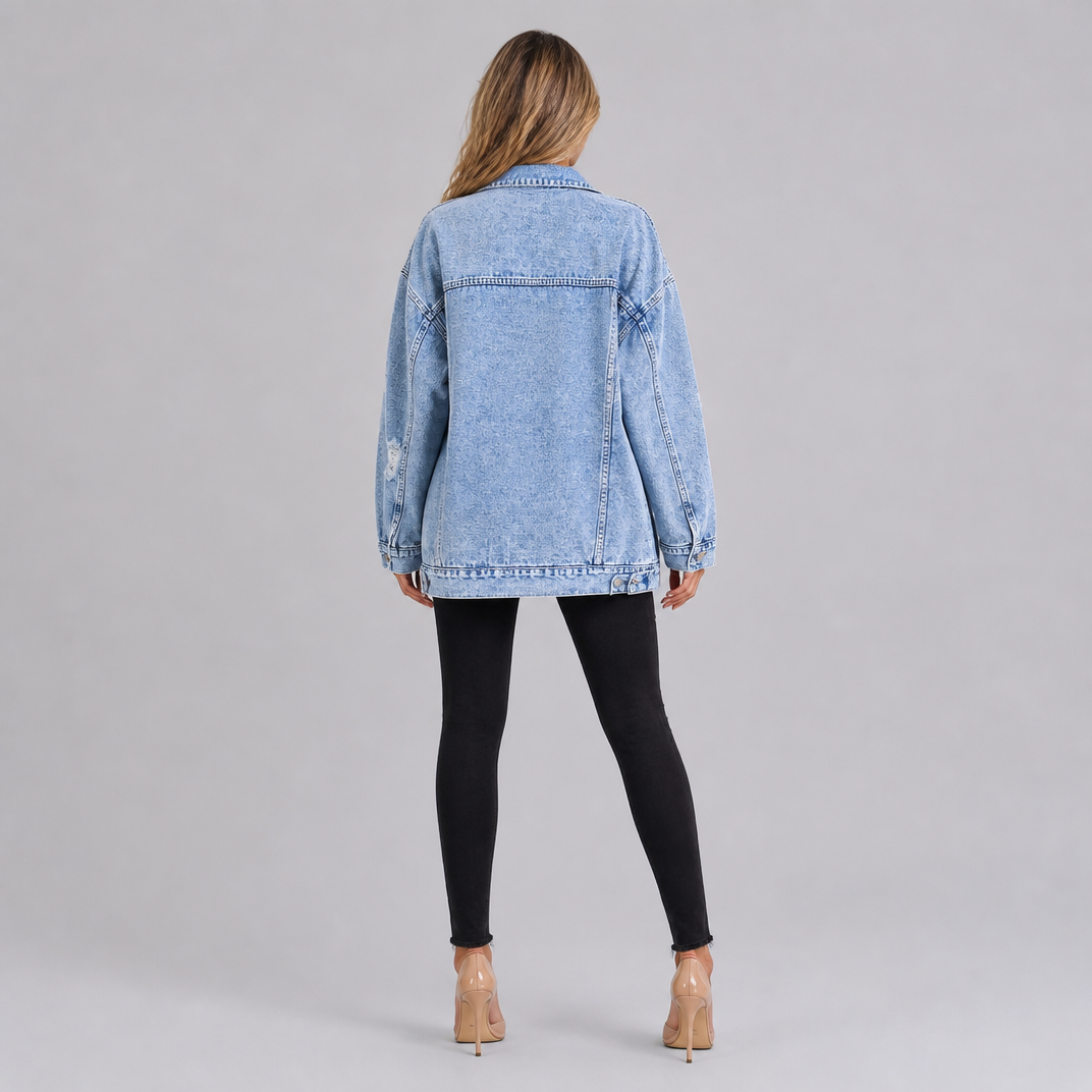 Women's Cotton Distressed Denim Jacket Oversized Fit