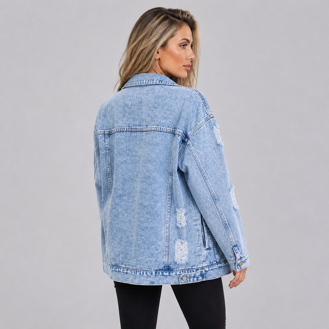 Women's Cotton Distressed Denim Jacket Oversized Fit