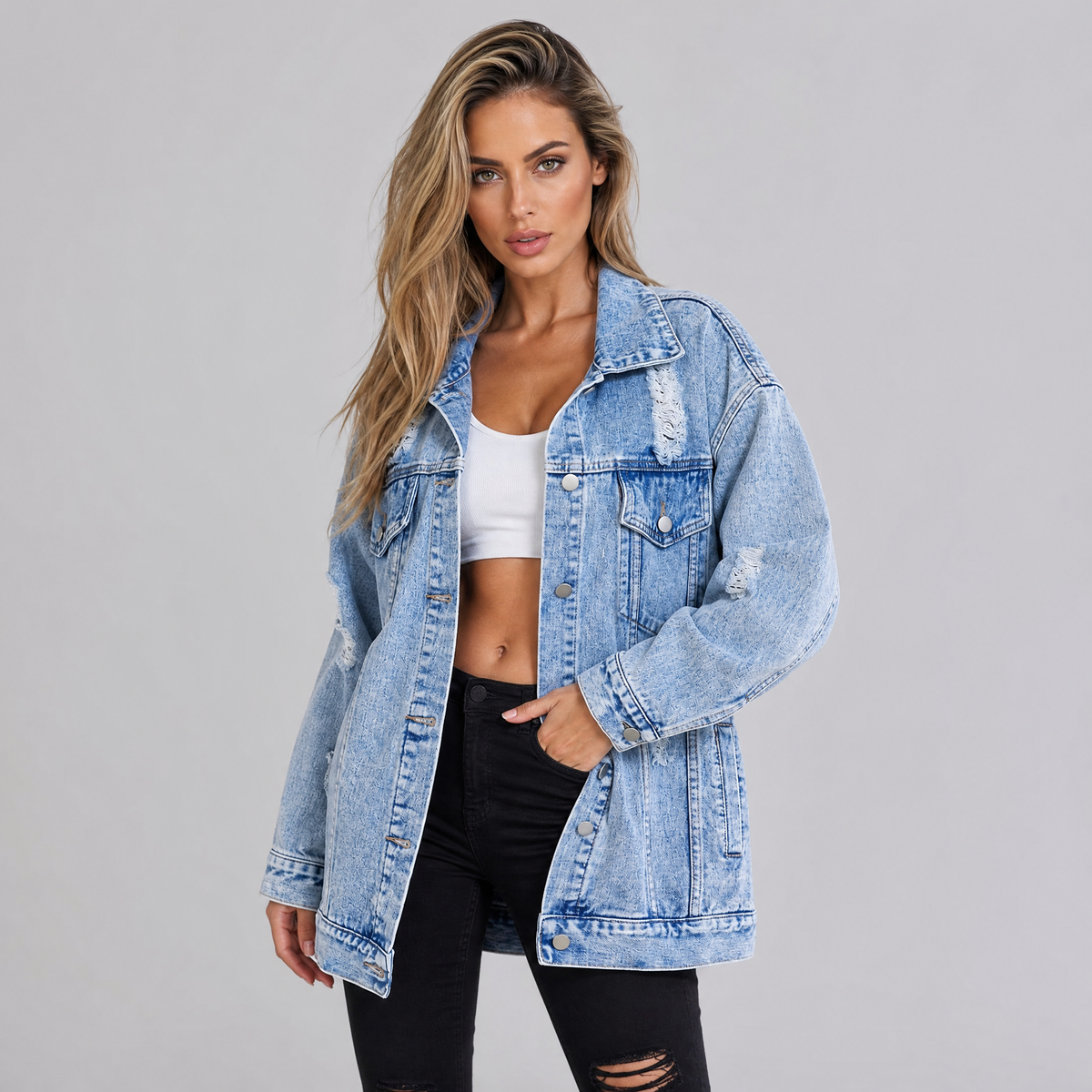 Women's Cotton Distressed Denim Jacket Oversized Fit