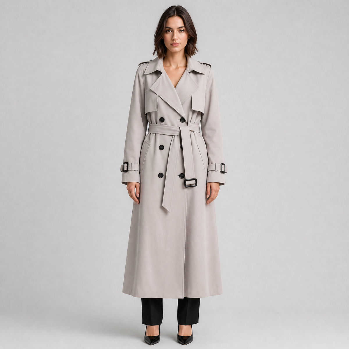 Women's Cotton Double-Breasted Trench Coat Belted Long Fit