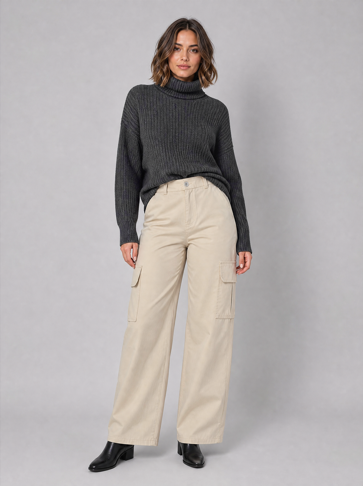 Women's Cotton High-Waisted Wide-Leg Utility Cargo Trousers - product view 1