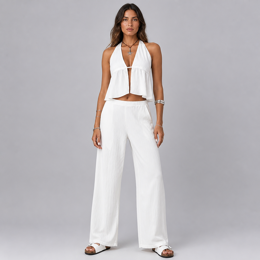 Women's Crinkle Halterneck Co-ord Set – Two Piece Set Women
