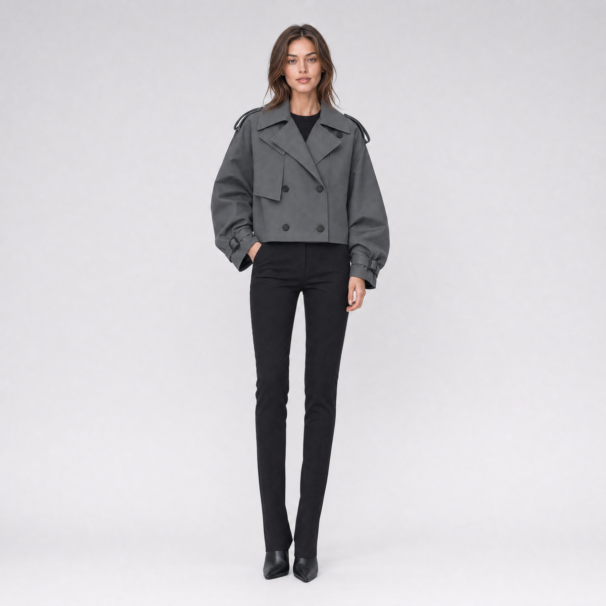 Women's Cropped Double-Breasted Trench Jacket – Wide Sleeve Trench Coat