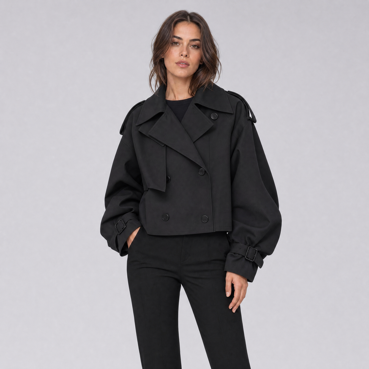 Women's Cropped Double-Breasted Trench Jacket – Wide Sleeve Trench Coat