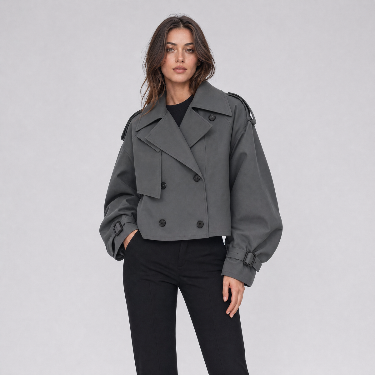 Women's Cropped Double-Breasted Trench Jacket – Wide Sleeve Trench Coat