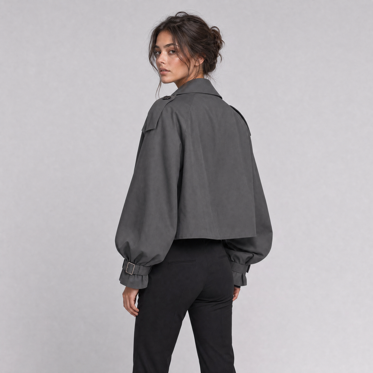 Women's Cropped Double-Breasted Trench Jacket – Wide Sleeve Trench Coat