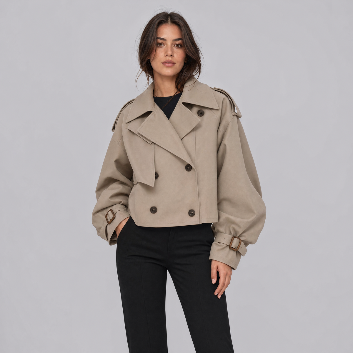 Women's Cropped Double-Breasted Trench Jacket – Wide Sleeve Trench Coat