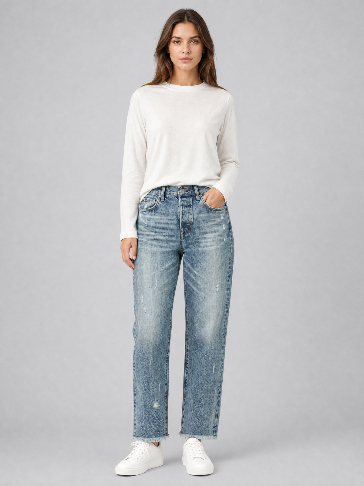 Women's Denim High-Waisted Distressed Straight-Leg Jeans