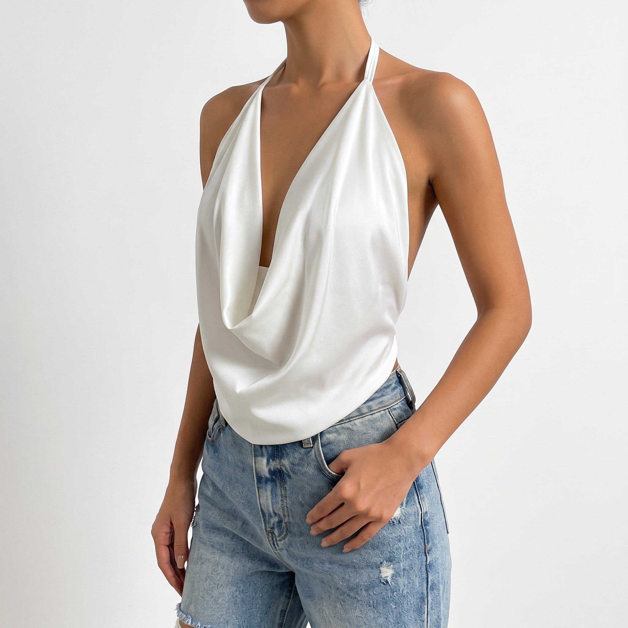 Women's Draped Cowl Neck Satin Halter Top – Sleeveless Going Out Tops
