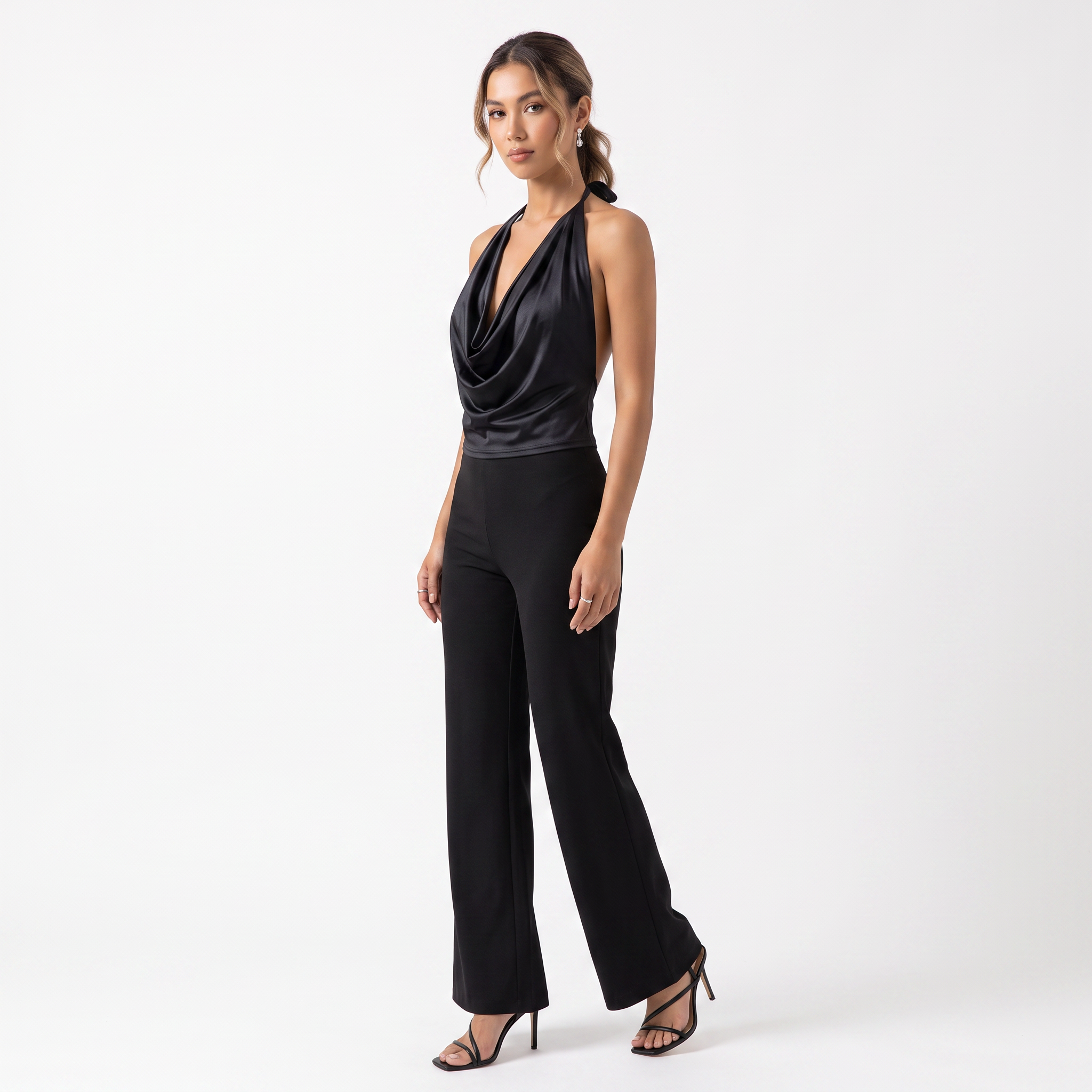 Women's Draped Cowl Neck Satin Halter Top – Sleeveless Going Out Tops